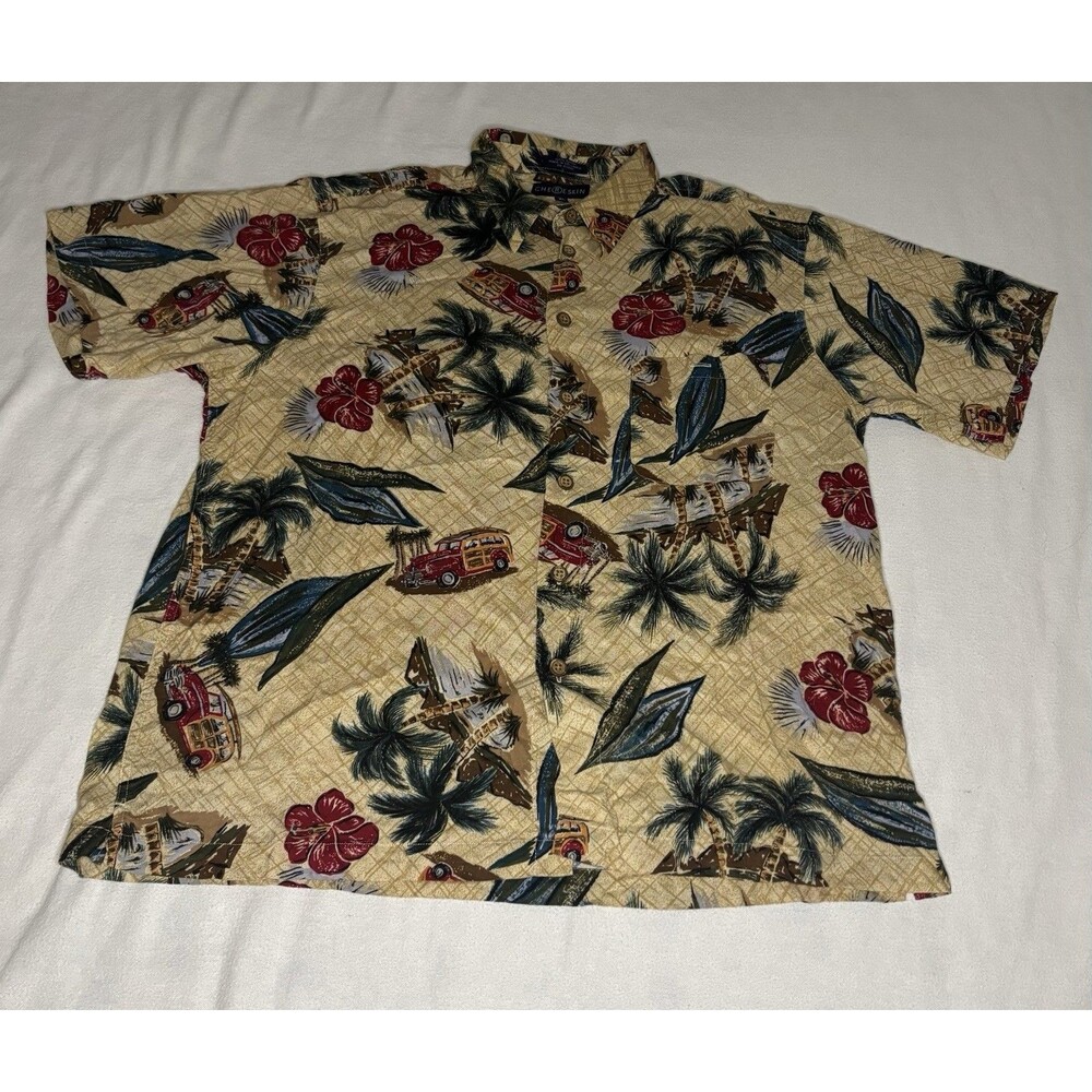 Chereskin Button Down Shirt Mens XL Tan Excellent Tropical Woody Car Rayon Aloha